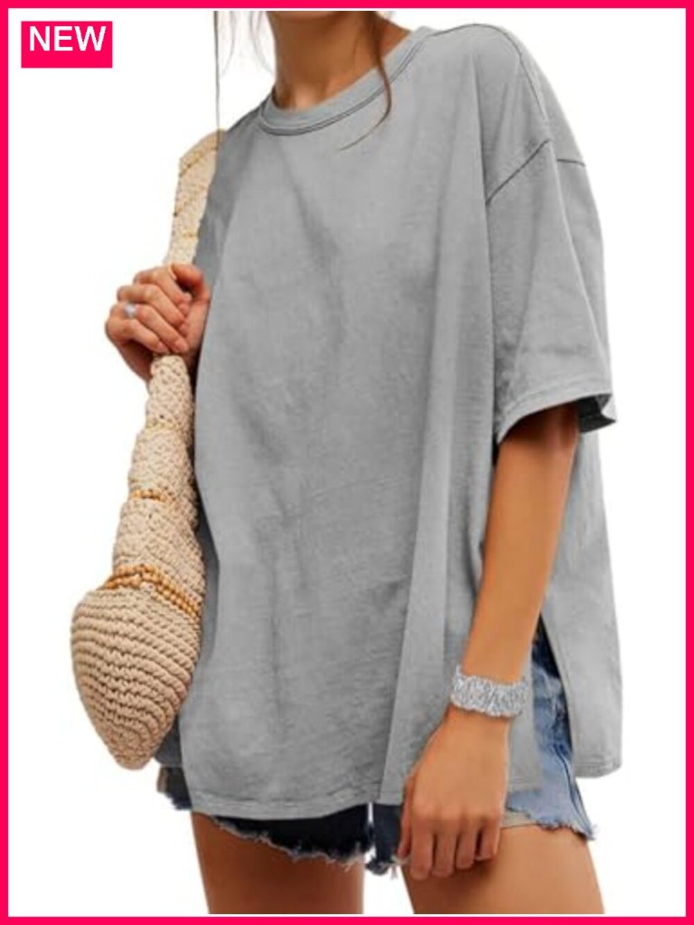 Womens Oversized Tee Short Sleeve Loose Fit Crew Neck Drop Shoulder Cotton